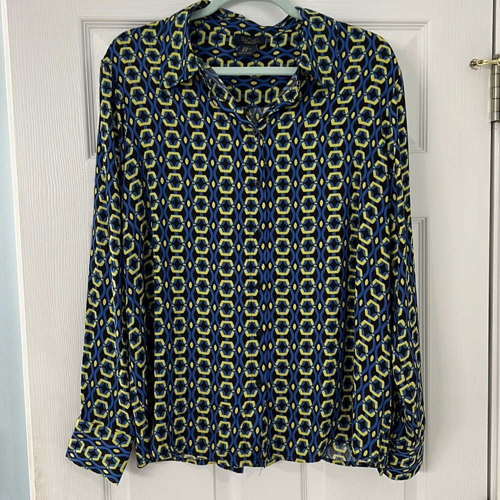 Rachel Rey silky geometric pattern button down shirt, size XL